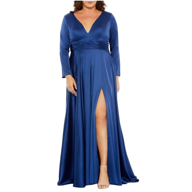 Mac Duggal Dress Size 20 / 20w Evening Gown Navy Blue New V Neck Pleated